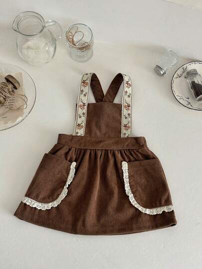 INS 女婴花卉刺绣灯芯绒背带裙，春秋季（仅连衣裙）