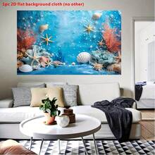 1pc 2D Flat Banner, Beautiful Ocean Theme Background Banner, Blue Underwater Nautical Design With Pearls, Starfish, Seaweed And Shells, Suitable For Summer Party, Birthday, Christening, Home Decor, Anniversary, Cake Table Party Banner