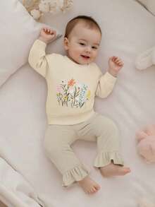 Baby Girl Corduroy Pants Fashionable Frill Hemmed Solid Color Ankle Length Trousers Daily Wear - Khaki - View 1