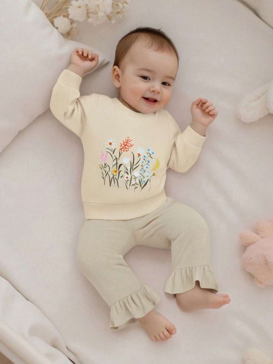 Baby Girl Corduroy Pants Fashionable Frill Hemmed Solid Color Ankle Length Trousers Daily Wear - Khaki - View 1