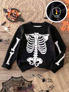 Young Boy Street Style Halloween Skeleton Pattern Knit Pullover Sweater, Suitable For Halloween, Spring, Autumn And Winter - Black - View 1