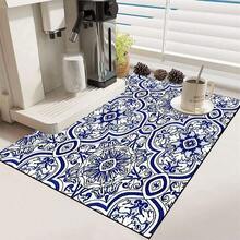 1 Stück Abtropfmatte für Küchentheken mit blauem Barock-Blumendruck, super saugfähig, kaschiert Flecken, Mehrzweckmatte für Ess- und Küchenbereich mit Gummirückseite, geeignet für Kaffeemaschine, Geschirrständer, Küchentheke, Kaffeetasse, Cut Out - HL  225 - Übersicht 6