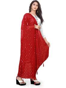 Woman's Embroidered Chiffon Dupatta Scarf Shawl Wrap Soft Bridal Wedding - Red - View 3