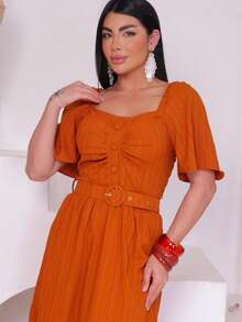 Women's Long Dress In Um Duna Fabric With A More Elaborate Design And A Belted Cup - Camel - View 3
