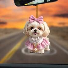1pc Pink Acrylic Bow Cute Dog Decor Pendant, Suitable For Car Rearview Mirror, Home Room Decoration - Multicolor - View 3