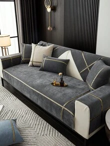 1pc Gray Sofa Throw Blanket With Contrast Color Ribbon, Modern Polyester Sofa Cover, Mult - Dark Grey - View 6