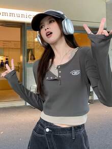 女士复古性感刺绣纽扣长袖T恤，修身休闲款，情人节，春夏款 - 深灰色 - 查看 3