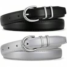 2-Pack Women's Leather Belts For Jeans And Dresses Plus Size - K-黑色+銀色 - 查看 1