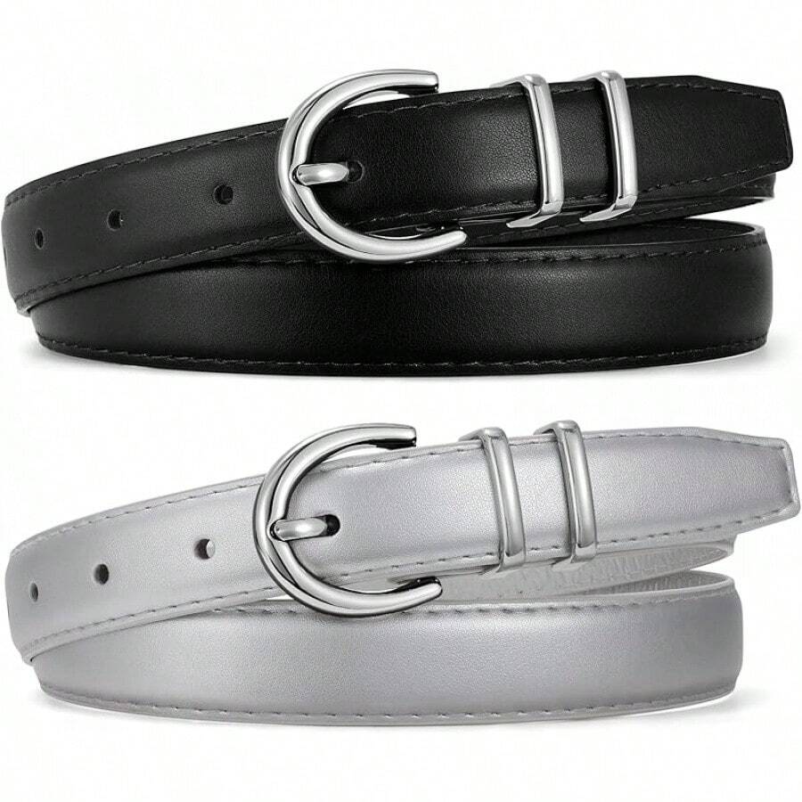 2-Pack Women's Leather Belts For Jeans And Dresses Plus Size - K-黑色+銀色 - 查看 1