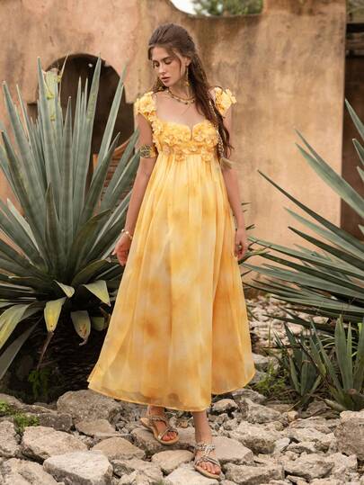 Faeriesty BohoBloom Bohemian Style Women's Dress: Heart-Shaped Neckline, Short Sleeves, 3D Floral Decor, A-Line Skirt - Perfect For Vacation, Beach Trip, Casual Wear, Leisure Outing And Weekend Brunch.