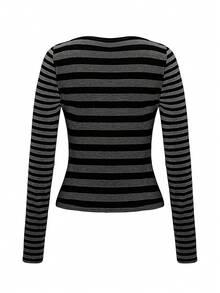 GAOVOT Women's T-Shirt For Autumn And Winter Y2k Sexy Young Hot Striped Color-Blocking Round-Neck Long-Sleeved Top