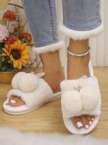 1 Pair Faux Fur Soft Comfortable Women's House Slippers, Cute Fluffy Open Toe Plush Slippers, Casual Style For Autumn/Winter, Daily Indoor/Bedroom White Slippers
