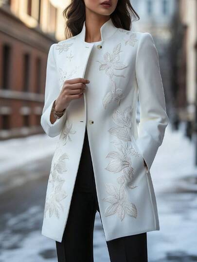 Classic Look With Stand Collar Embroidery And Side Pockets Coat