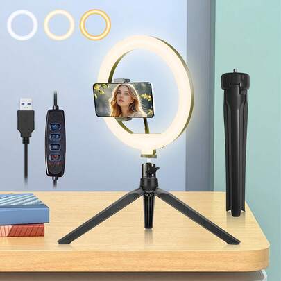 10-Inch Selfie Ring Light, Tabletop Lighting For Live Streaming, Photography, Makeup, Dimmable Circular Soft Light With Phone Holder