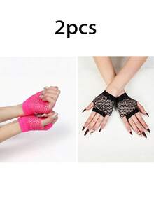 1 Pair Rhinestone Mesh Decor Fuchsia Party Gloves