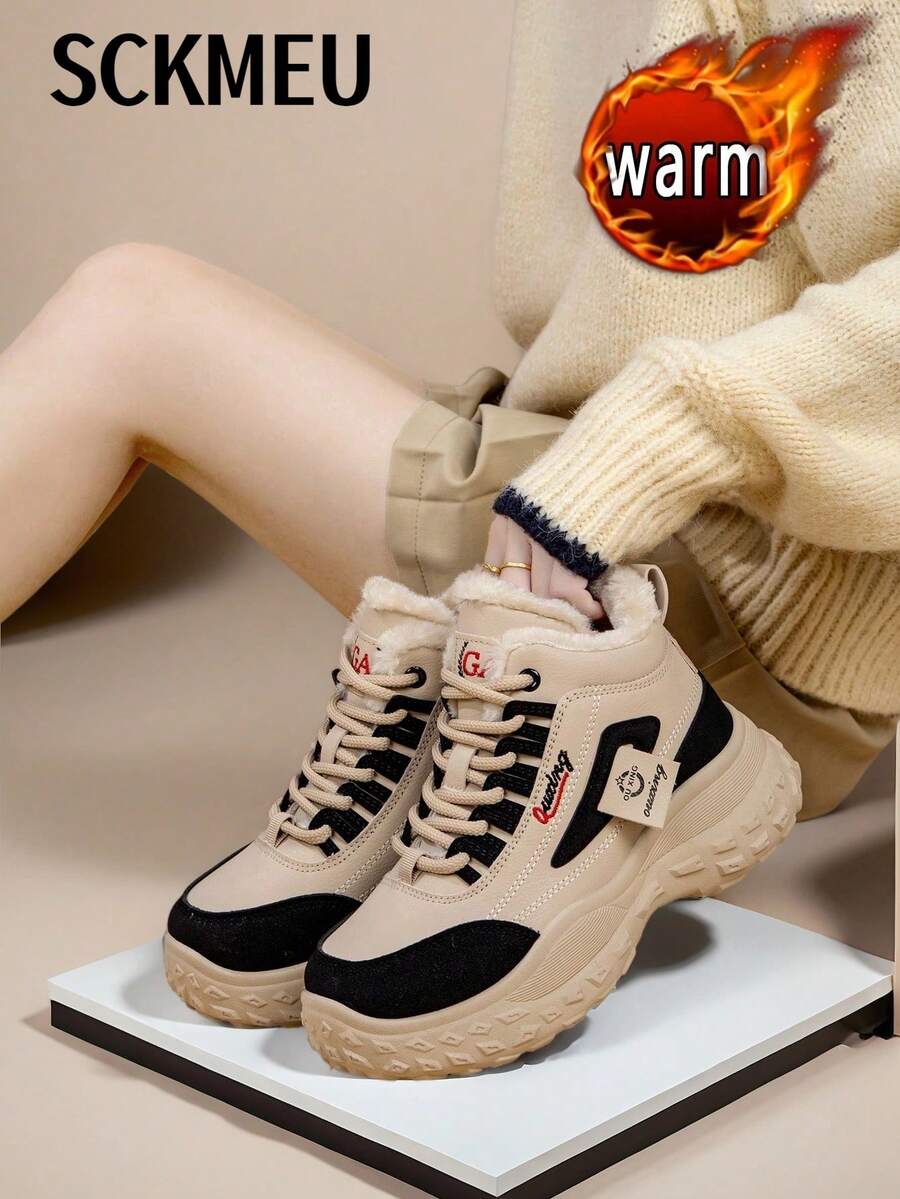 SCKMEU 1 Paar Damen Mode Thermo gefütterte warme Sportschuhe, Schnürstiefel, dicke Sohle, koreanischer Stil, Winter 2024 Neuankömmling