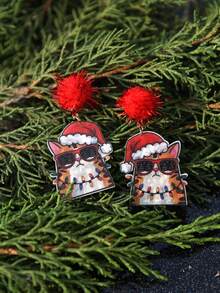Acrylic Resin Santa Cat Earrings With Red Pom Poms – Cute Christmas Earrings, Funny Santa Cat Jewelry, Handmade Holiday Earrings, Xmas Accessories, Lightweight Christmas Jewelry, Resin Art Earrings For Christmas