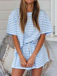 2-Piece Set Simple Striped Lazy Casual Tassel Drawstring Pocket Women's Home Wear Suit Suitable For Home And Street In All Seasons - 藍 - 查看 1