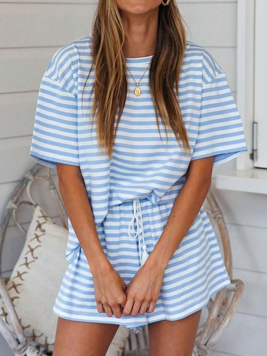 2-Piece Set Simple Striped Lazy Casual Tassel Drawstring Pocket Women's Home Wear Suit Suitable For Home And Street In All Seasons - 藍 - 查看 1