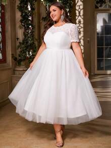 Women's Plus Size Elegant Solid Color Patchwork Lace Mesh Zipper Closure Tea Length Semi-Formal Party Dress For Wedding Guest, Bridesmaid, Maid Of Honor, Cocktail, Wedding, Graduation Party, Spring/Summer/Fall