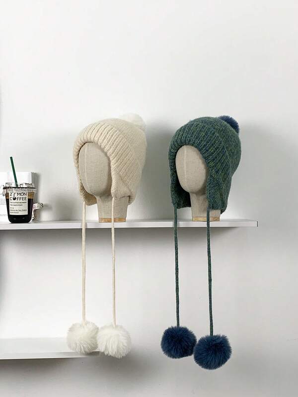 قبعة محبوكة مخلوطة لحماية الأذن للنساء، قبعة شتوية سميكة مقاومة للرياح مع كرة صوف، قبعة محبوكة جميلة للخريف/الشتاء مع واقي للأذن، متعددة الاستخدامات