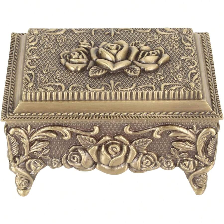 Caja de joyería de metal rosa Otufna, caja de baratijas de aleación de zinc, caja de almacenamiento de joyería vintage rectangular para anillos, aretes y collares - 1 - Ver 1