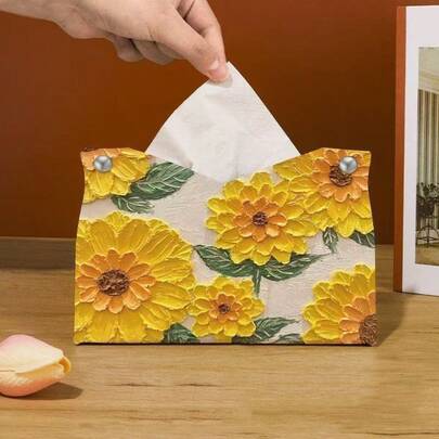 1个向日葵纸巾盒，3D立体花卉图案纸巾盒，彩色花朵纸巾盒，适用于浴室、家庭书桌、汽车收纳，浴室配件纸巾架