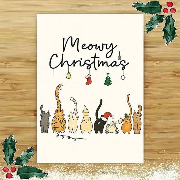 1 Peça Cartão de Natal Meowy com Envelope - Cartão de Amantes de Gatos Festivo com 6 Gatos Adoráveis de Chapéu de Papai Noel e Decoração de Férias, Interior em Branco Personalizável para Mensagens, Perfeito para Amigos e Família, Papelaria Sazonal, Ilustração Divertida, Impressão de Alta Qualidade, Presente de Natal para Donos de Animais de Estimação (11cm X 16cm) Um Presente Adequado para Todos, Um Cartão Adequado para Dar a Colegas