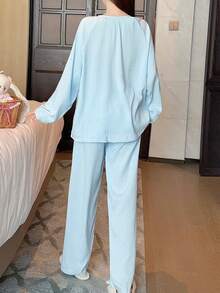 2 Stück Damen Einfarbiger Lässig Pyjama Set, Blau Langarm Knopfleiste Nachtwäsche, Herbstkleidung