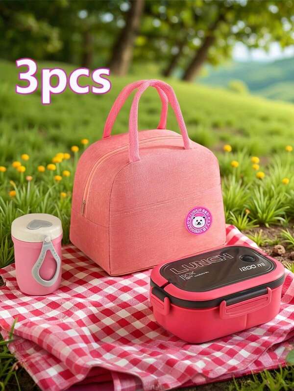 3pcs Plastic PP Bento Box Set With Lid, Compartments, Reusable, Microwave , Includes Cutlery And Insulated Lunch Bag With Zipper, Suitable For Office, School, Home, Outdoor, Travel, Camping