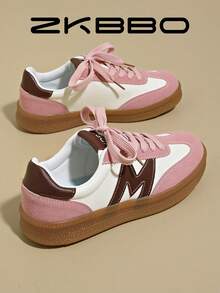 ZKBBO Women's Casual Sports Shoes, Retro Lace-Up Round Toe, Lightweight Comfortable Non-Slip Fitness Walking Sneakers - Pink - View 1