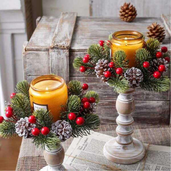 1pc/2pcs Christmas Pine Tree & Pine Cone Candle Holder, Wreath, Artificial Plant Bottle Decor, Living Room, Dining Table Decoration Home Decor Christmas Decorations Room Decor