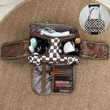 Checkered Toiletry Bag,Large Capacity Water-Proof Plaid Cosmetic Bag,Women Multi-Partitions Makeup Bag,Dust-Proof Wide-Open Puffy Organizers For Travel Accessories , Portable Travel Bag With Strap For Putting On Suitcase - 棕色 - 查看 2