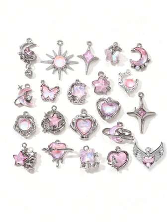 5/10/20pcs Random Pink Y2K Style Butterfly, Sun, Moon, Star, Heart Enamel Pendant Charms For DIY Necklace, Bracelet, Jewelry Making, Crafts, Keychain, Bag Charm