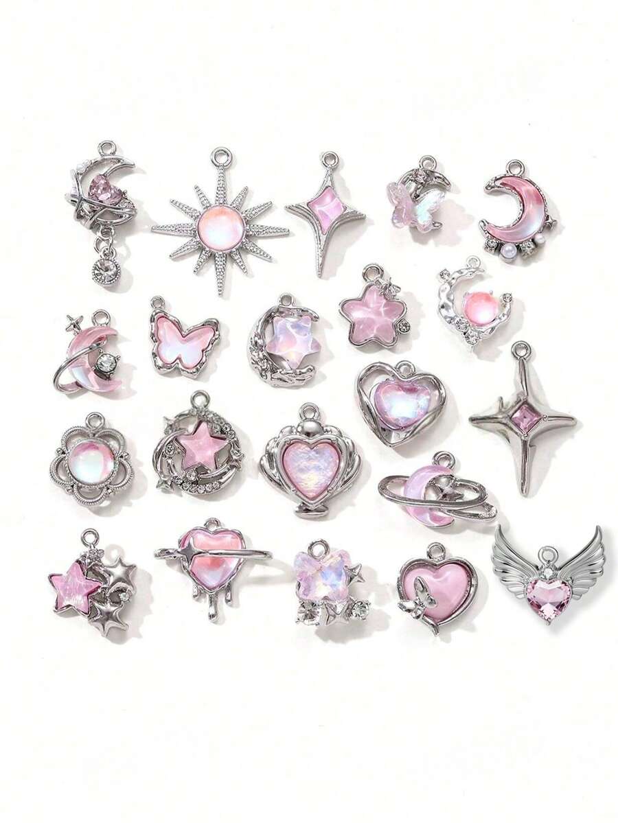 5/10/20pcs Random Pink Y2K Style Butterfly, Sun, Moon, Star, Heart Enamel Pendant Charms For DIY Necklace, Bracelet, Jewelry Making, Crafts, Keychain, Bag Charm - Pink - View 1