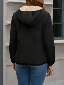 Jaqueta Acolchoada com Capuz Leve e Quente para Mulheres, Tecido Tecido de Cor Sólida com Bolsos, Adequada para Outono, Inverno e Primavera - Preto - Visão 2