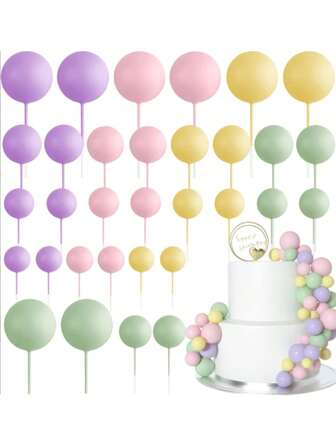 32pcs Macaron Color Ball Cake Decorations, Rainbow Foam Ball Baking Cake DIY Accessories, Suitable For Birthday Cake Baptism Gender Reveal Party Cake Decorations, Wedding Women Bachelor Party Retirement Party Color Theme Party Cake Decorations