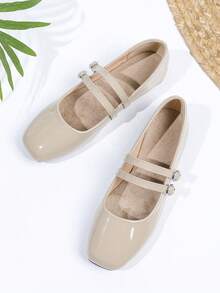 女式复古玛丽珍平底鞋，双带设计，适合所有季节 - 杏色 - 查看 3