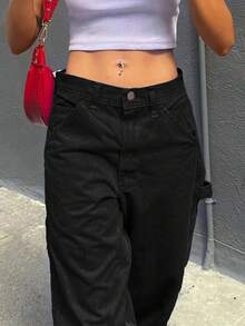 Y2K风格女式直筒宽松裤，高腰弹力黑色休闲复古长裤，优雅街头风春季下装 - 黑色 - 查看 9