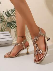 新年水钻凉鞋，时尚厚实中跟和水晶透明鞋跟，高跟舞鞋，适合青少年，学校风格，高跟舞鞋 - 金色 - 查看 7