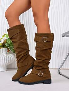 Kozaki do kolan w stylu western, damskie płaskie kozaki do połowy łydki na grubym obcasie, w jednolitym kolorze, plisowane kowbojki, luźne buty, kozaki do uda, kozaki z paskiem na klamrę, duże rozmiary, wysokie kozaki z okrągłym noskiem, khaki kozaki do kolan