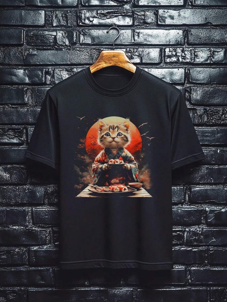 Funny Cat Tee Shirt - Sushi Chef Cat In Kimono Graphic Tee, Japanese Sunset Anime Style T-Shirt, Kaw - 黑色 - 查看 1