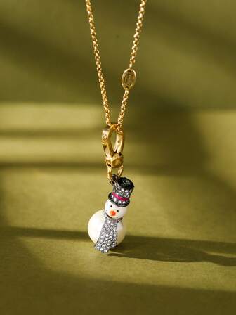 1 Stück modischer & eleganter Kubikzirkonia Emaille Schneemann Anhänger Halskette, geeignet als süßer & anmutiger Partyschmuck für Frauen, Tasche/Schlüsselanhänger Anhänger, Weihnachtsgeschenk