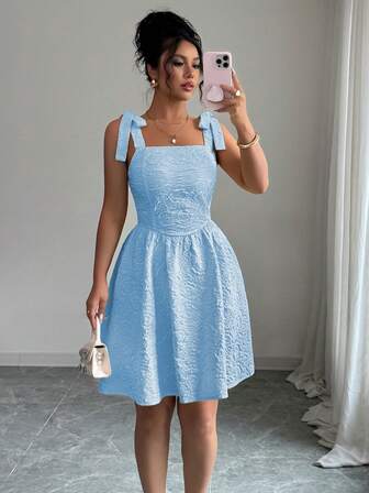 Women's 2025 Geometric Pattern Elegant Woven Fabric Tie Front Bowknot Dress, Suitable For Evening Date, Party, Garden, Travel In Summer, Jacquard Texture