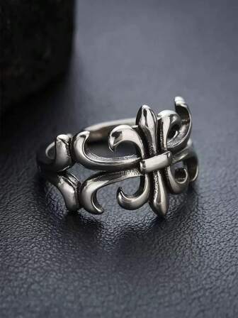 1pc Vintage Cromie Flower Men's Fashion Personalized Ring, Antique Silver Punk Cross Band