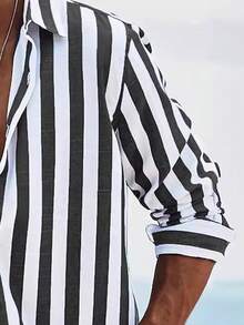 男士黑白条纹休闲长袖衬衫，户外休闲简约时尚衬衫，上衣 - 黑與白 - 查看 4