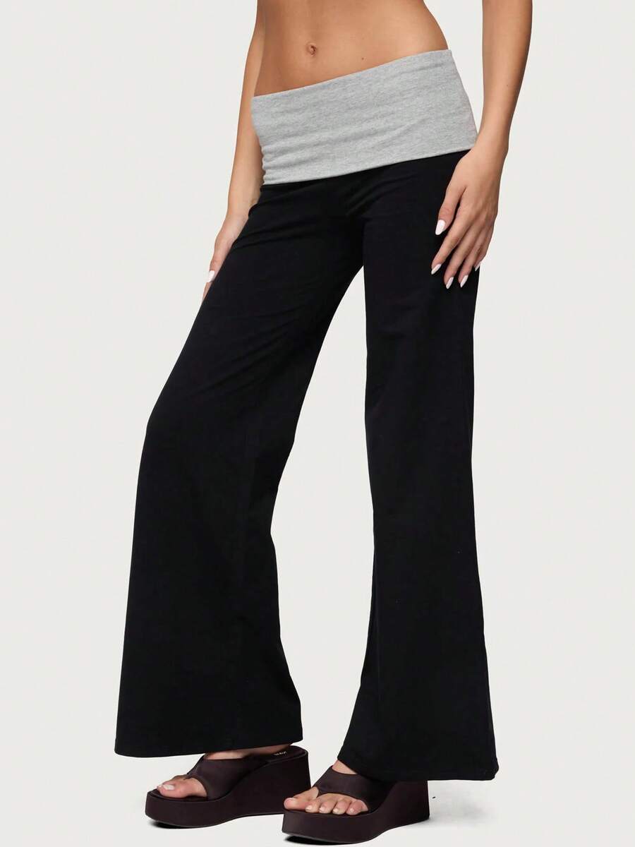 Fold Over Yoga Pants For Women Low Rise Wide Leg Flare Yoga Lounge Pants Straight Sweatpants Y2k Solid Color Stretchy Loose Gym Lounge Leggings - 黑色 - 查看 1