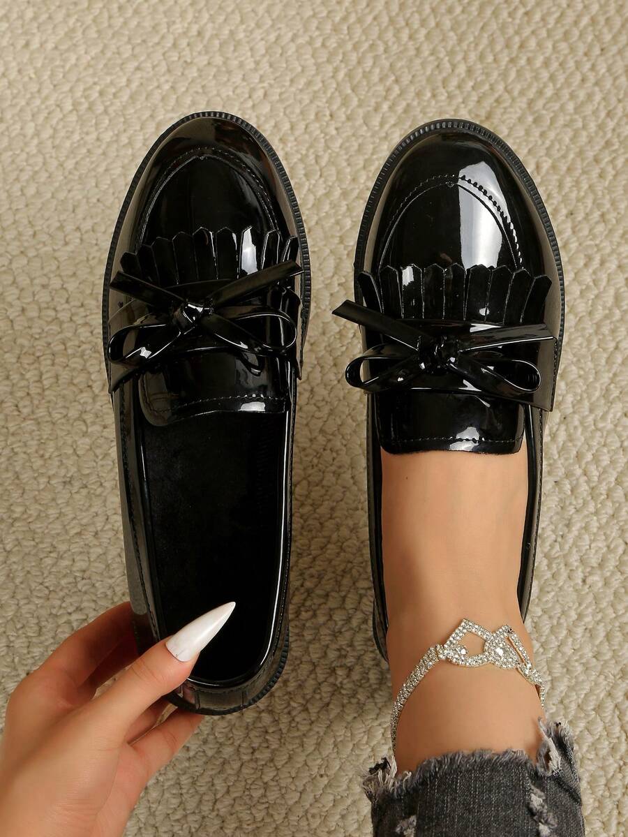Women's Fashionable Flat Shoes, Bow Decor Slip-On Loafers - Black Elegant - View 1