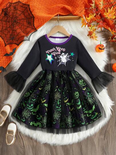 1 pieza Vestido de manga larga de punto suave y malla con parches de letras inglesas, fantasmas, estrellas, telarañas, calabazas y murciélagos, estilo casual para niñas, adecuado para uso al aire libre, otoño/invierno