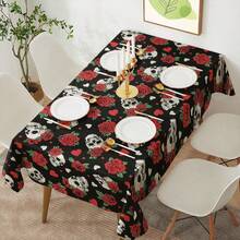 1 pièce Nappe en polyester noir avec motif squelette, motifs de crânes, fleurs et cœurs. Nappe rectangulaire/carrée imperméable, anti-taches et sans plis. Pour la décoration intérieure et extérieure, maison, chambre, salle de bain, cuisine et salle à manger. Idéal pour Halloween, Noël, mariage, anniversaire, fête, pique-nique et autres occasions festives.